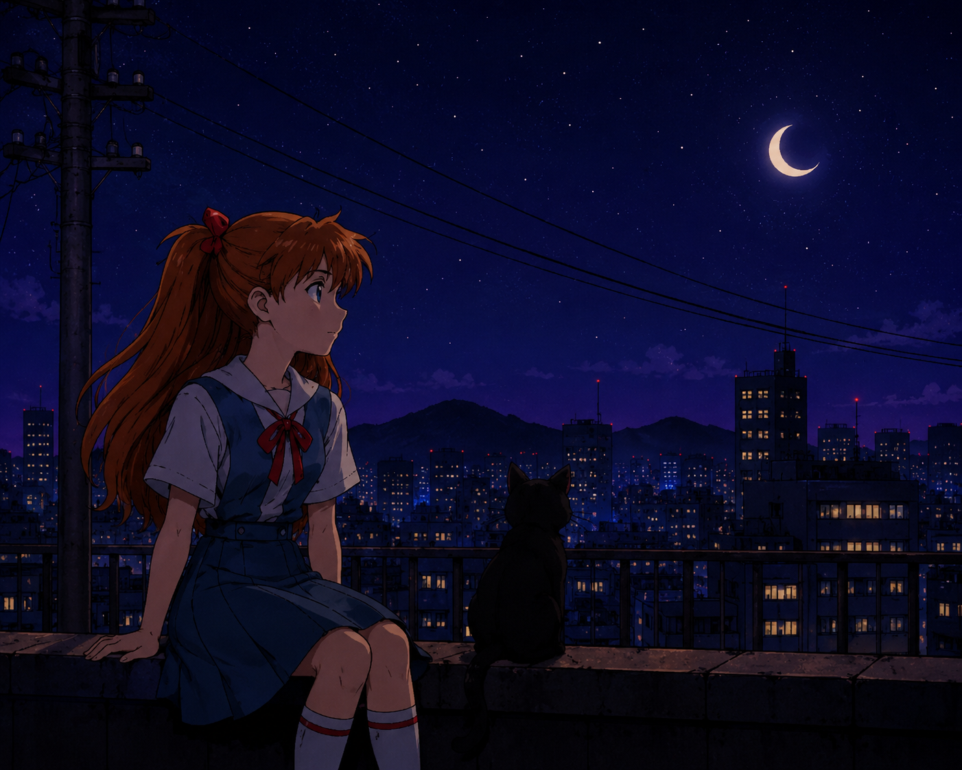 Asuka sitting on a rooftop overlooking the city at night